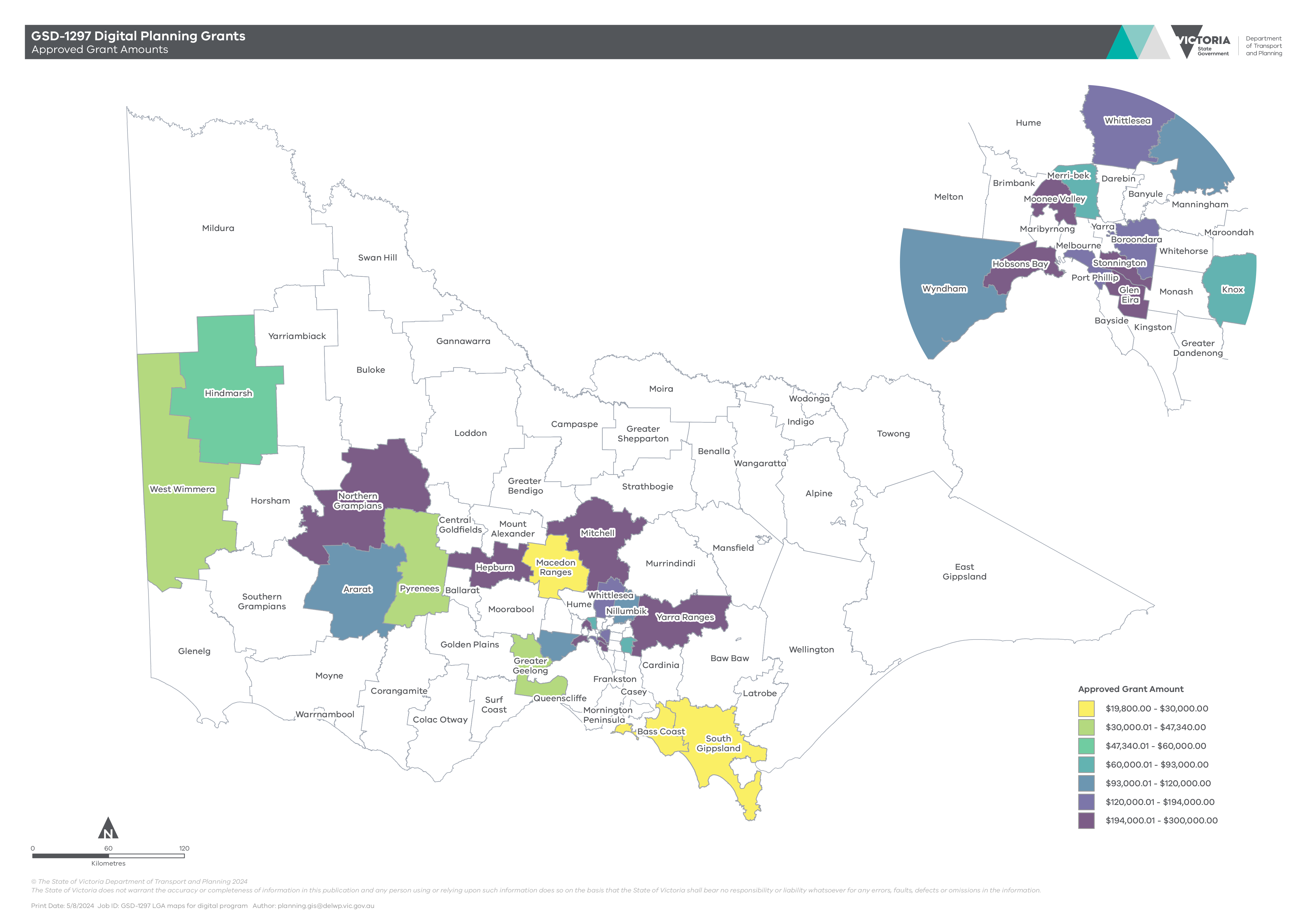 A map of Victoria showing approved digital planning grants for councils