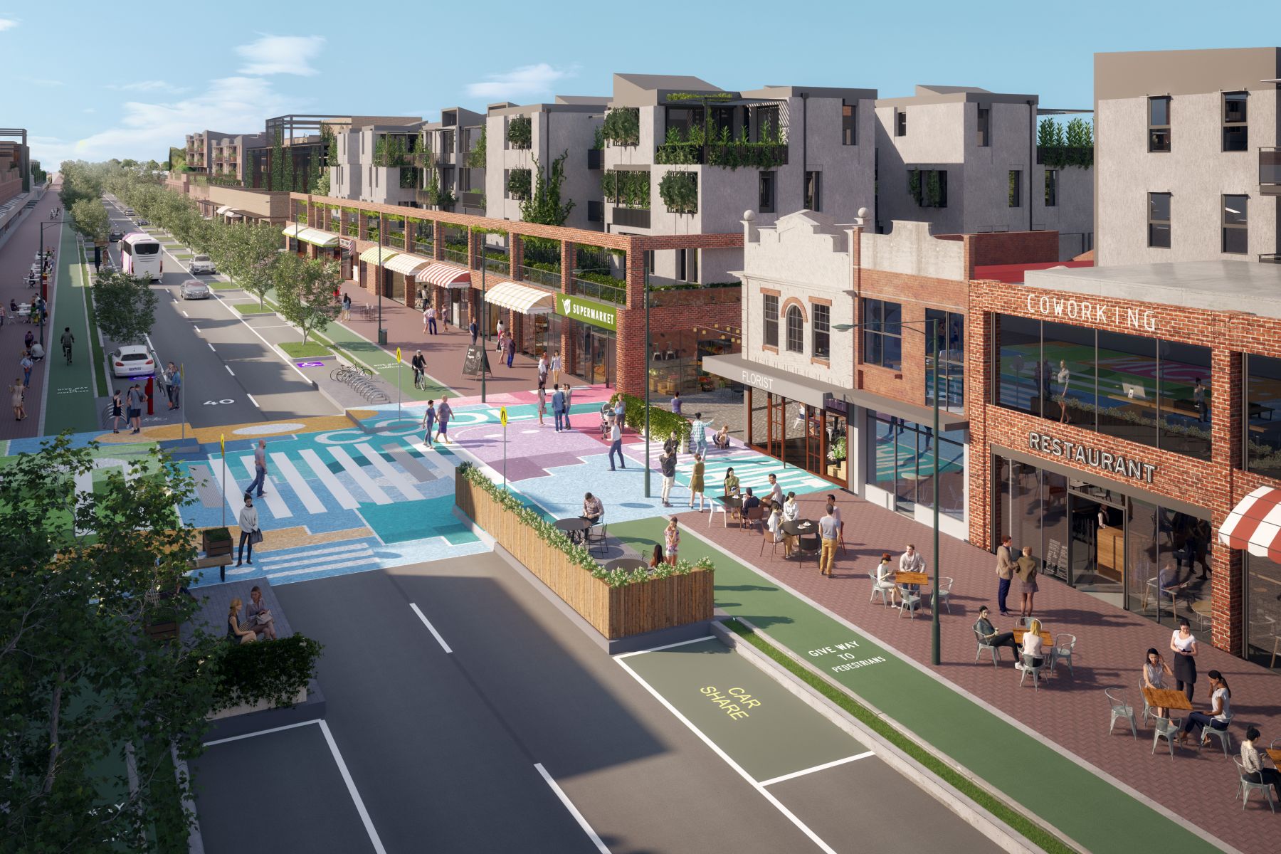 Depiction of a street showing bike lanes, green spaces, housing, and a variety of goods and services