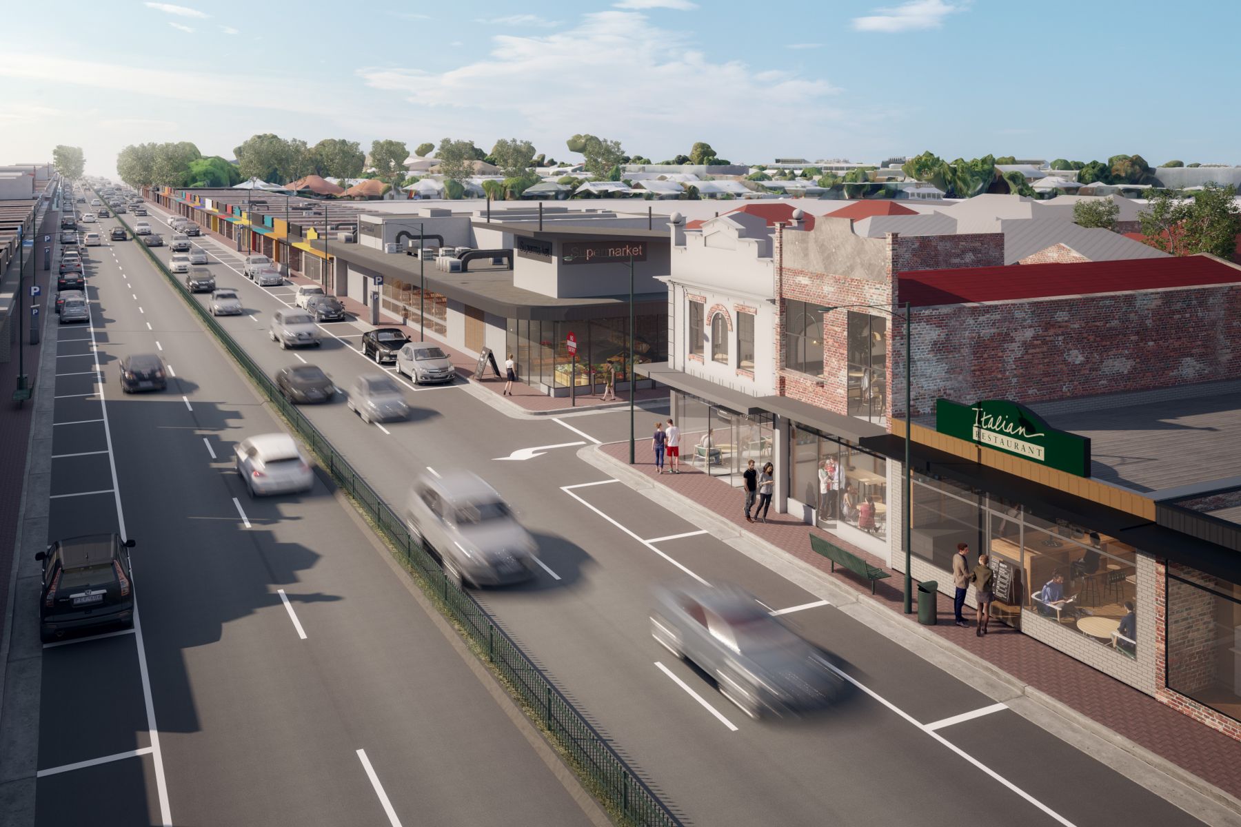 A depiction of an urban street with less variety of homes, facilities, trees and support for bikes and pedestrians