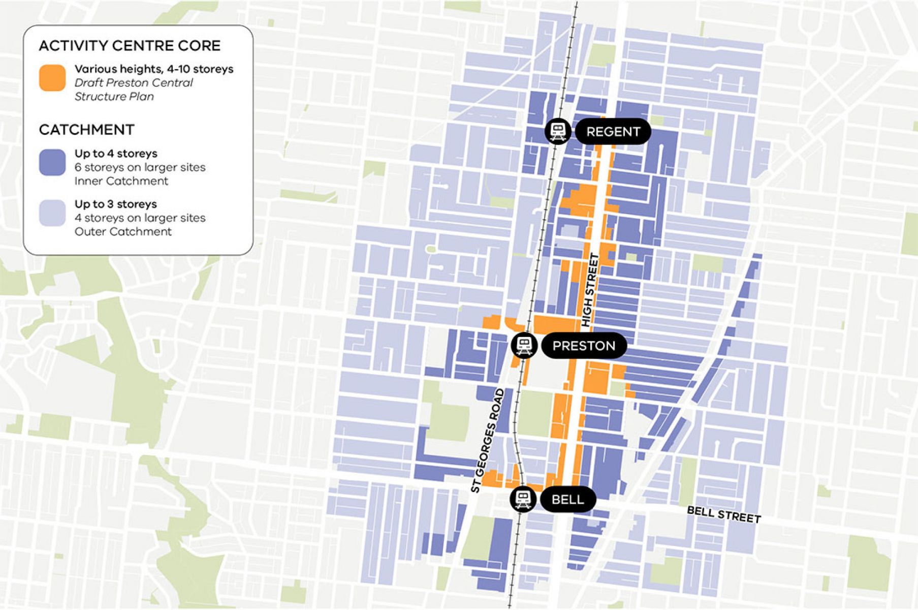 A map showing the different areas within the new activity centre based on heigh limits.