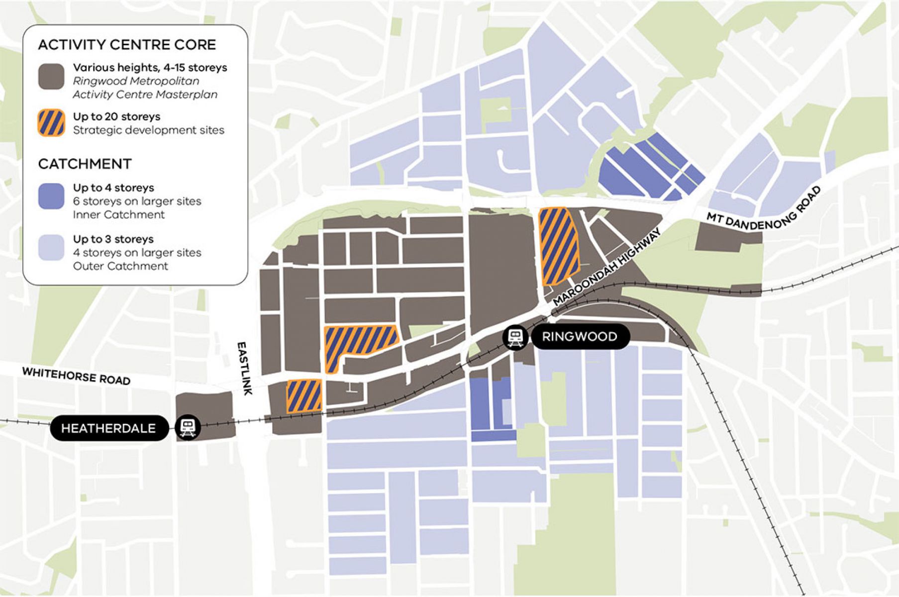 A map showing the different areas within the new activity centre based on heigh limits.