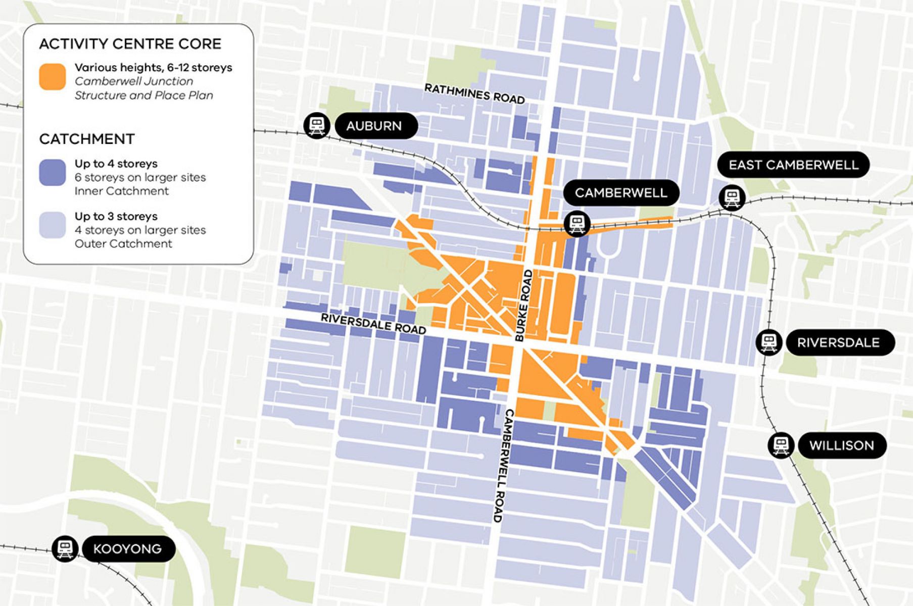 A map showing the different areas within the new activity centre based on heigh limits.