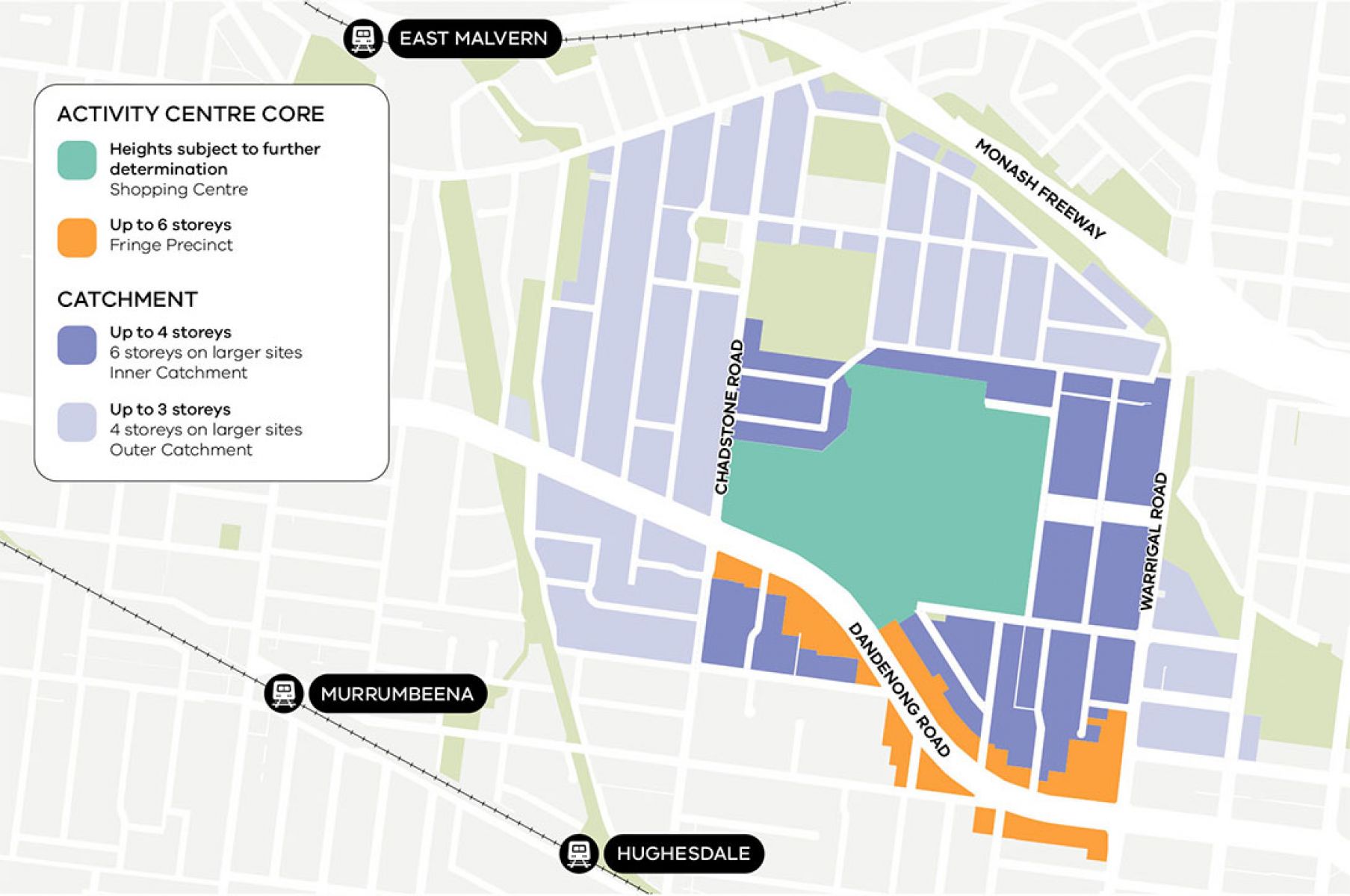 A map showing the different areas within the new activity centre based on heigh limits.