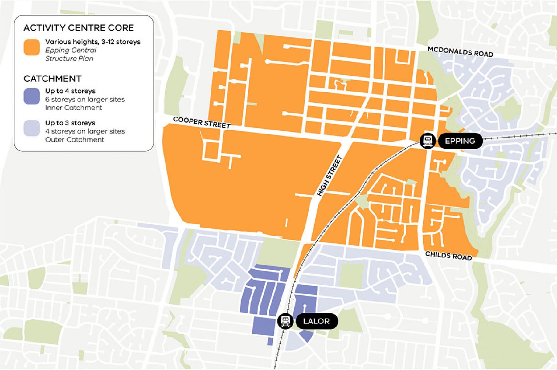 A map showing the different areas within the new activity centre based on heigh limits.