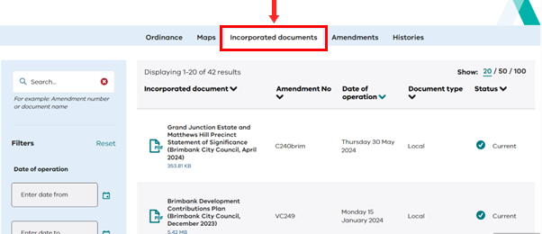 Screenshot of the tab for incorporated documents on planning schemes online