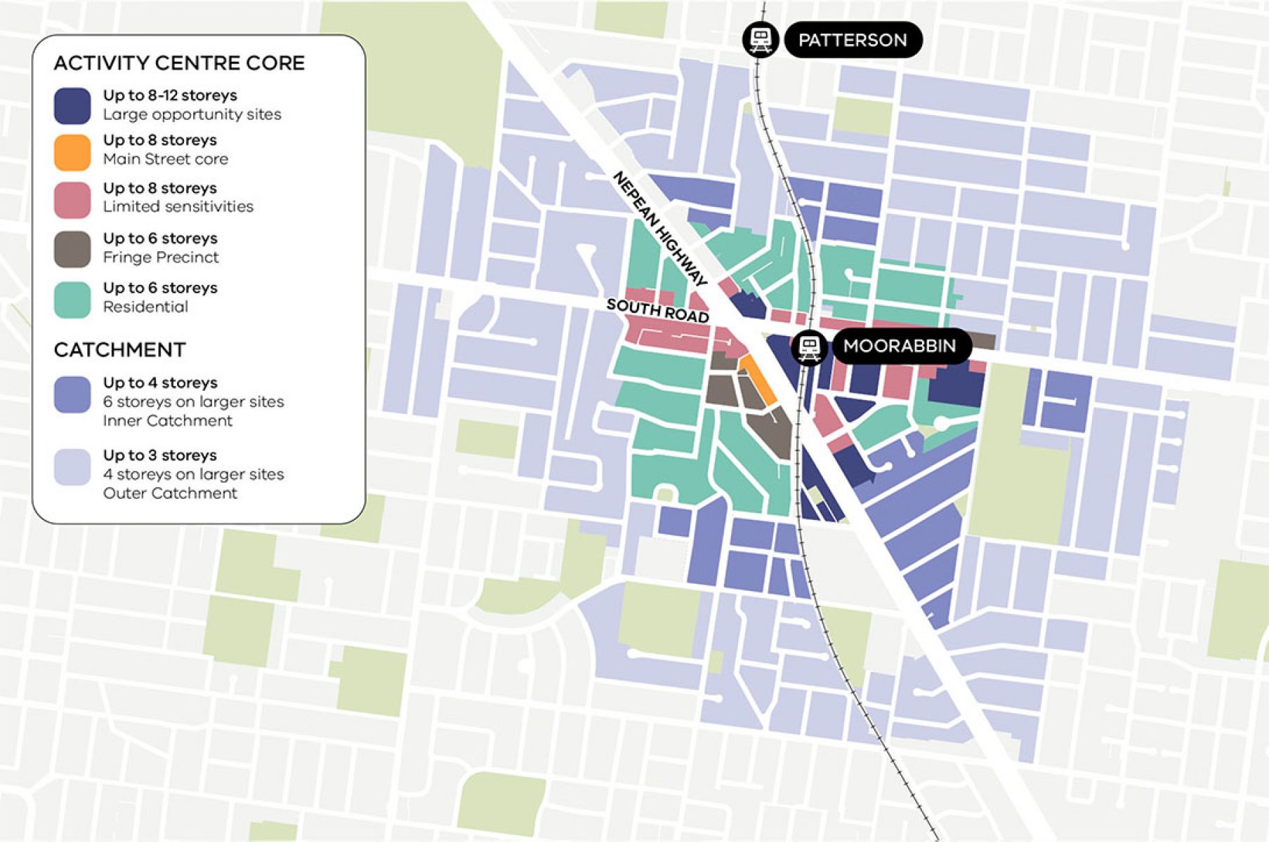 A map showing the different areas within the new activity centre based on heigh limits.