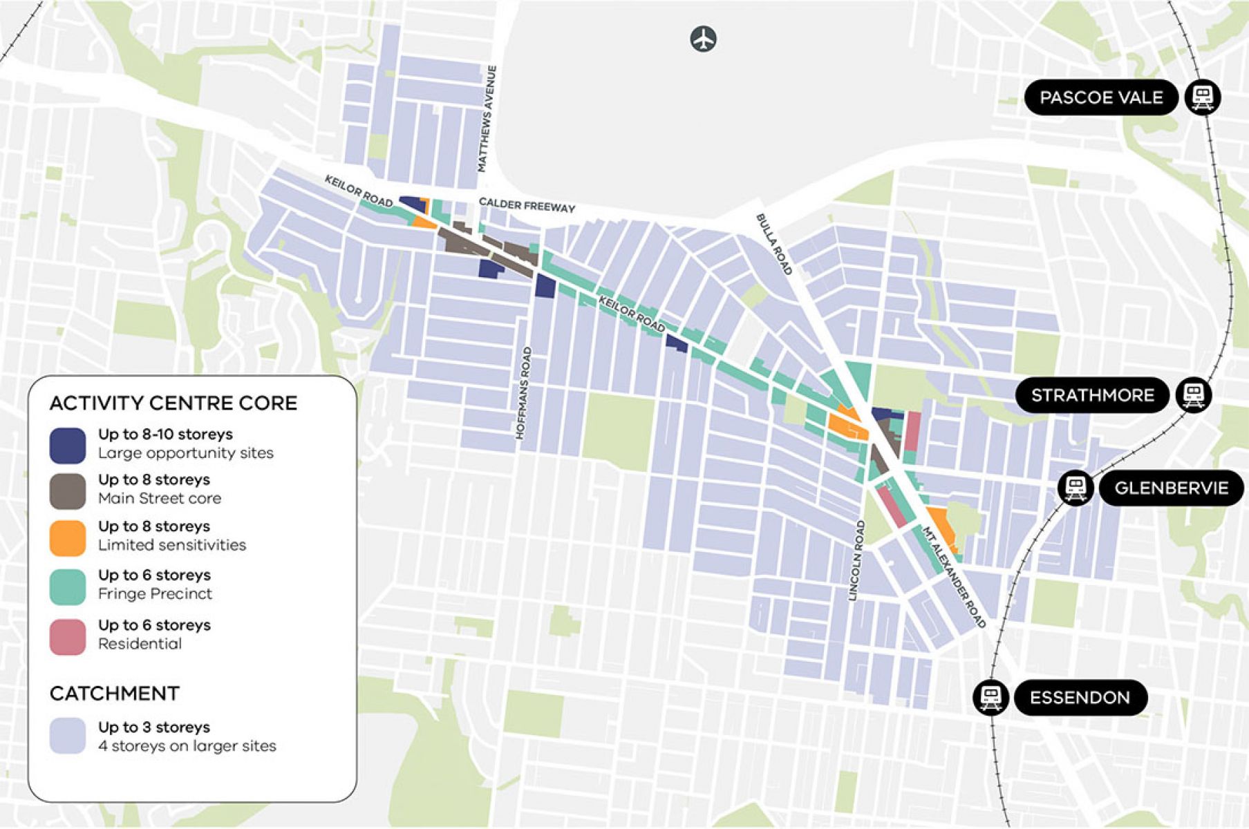 A map showing the different areas within the new activity centre based on heigh limits.