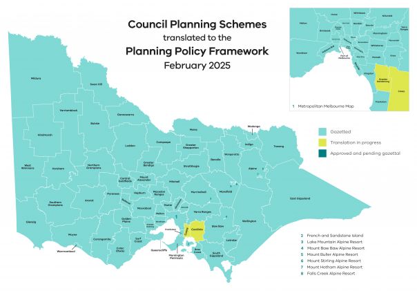 Map showing Council Planning Schemes translated to the Planning Policy Framework as of February 2025 with Knox being noted as gazetted.